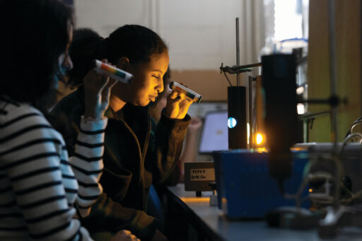 Students use spectroscopes to observe the separated frequencies of light from gas discharge lamps, in order to determine the elemental composition of the gas.